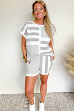 Load image into Gallery viewer, Gray Stripe Mixed Print Short Sleeve Top and Pocketed Shorts Set - Fashion Queen - 5