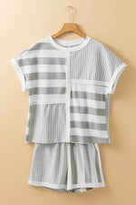 Load image into Gallery viewer, Gray Stripe Mixed Print Short Sleeve Top and Pocketed Shorts Set - Fashion Queen - 6