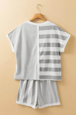 Load image into Gallery viewer, Gray Stripe Mixed Print Short Sleeve Top and Pocketed Shorts Set - Fashion Queen - 7
