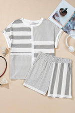 Load image into Gallery viewer, Gray Stripe Mixed Print Short Sleeve Top and Pocketed Shorts Set - Fashion Queen - 8