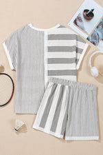 Load image into Gallery viewer, Gray Stripe Mixed Print Short Sleeve Top and Pocketed Shorts Set - Fashion Queen - 9