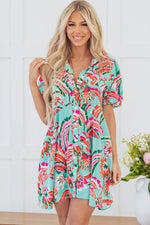 Load image into Gallery viewer, Green Abstract Print Lace-up High Waist Buttoned Mini Dress - Fashion Queen - 10