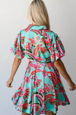 Load image into Gallery viewer, Green Abstract Print Lace-up High Waist Buttoned Mini Dress - Fashion Queen - 2