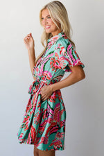 Load image into Gallery viewer, Green Abstract Print Lace-up High Waist Buttoned Mini Dress - Fashion Queen - 3