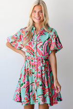 Load image into Gallery viewer, Green Abstract Print Lace-up High Waist Buttoned Mini Dress - Fashion Queen - 4