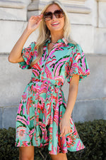 Load image into Gallery viewer, Green Abstract Print Lace-up High Waist Buttoned Mini Dress - Fashion Queen - 5