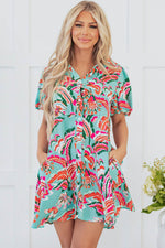 Load image into Gallery viewer, Green Abstract Print Lace-up High Waist Buttoned Mini Dress - Fashion Queen - 6