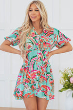 Load image into Gallery viewer, Green Abstract Print Lace-up High Waist Buttoned Mini Dress - Fashion Queen - 9