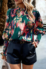 Load image into Gallery viewer, Green Abstract Print Smocked Cuffs Frilled Neck Blouse - Fashion Queen - 1