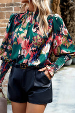 Load image into Gallery viewer, Green Abstract Print Smocked Cuffs Frilled Neck Blouse - Fashion Queen - 3