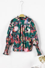 Load image into Gallery viewer, Green Abstract Print Smocked Cuffs Frilled Neck Blouse - Fashion Queen - 5