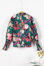 Load image into Gallery viewer, Green Abstract Print Smocked Cuffs Frilled Neck Blouse - Fashion Queen - 6