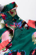Load image into Gallery viewer, Green Abstract Print Smocked Cuffs Frilled Neck Blouse - Fashion Queen - 8