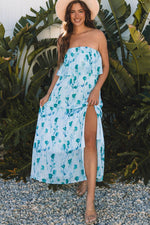 Load image into Gallery viewer, Green Floral Print Ruffled Side Slit Tube Top Maxi Dress - Fashion Queen - 1