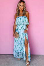 Load image into Gallery viewer, Green Floral Print Ruffled Side Slit Tube Top Maxi Dress - Fashion Queen - 10