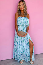 Load image into Gallery viewer, Green Floral Print Ruffled Side Slit Tube Top Maxi Dress - Fashion Queen - 11