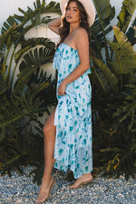 Load image into Gallery viewer, Green Floral Print Ruffled Side Slit Tube Top Maxi Dress - Fashion Queen - 3