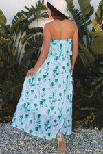 Load image into Gallery viewer, Green Floral Print Ruffled Side Slit Tube Top Maxi Dress - Fashion Queen - 5