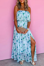 Load image into Gallery viewer, Green Floral Print Ruffled Side Slit Tube Top Maxi Dress - Fashion Queen - 7