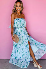 Load image into Gallery viewer, Green Floral Print Ruffled Side Slit Tube Top Maxi Dress - Fashion Queen - 9