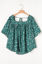 Load image into Gallery viewer, Green Floral Print Square Neck Ruffled Trim Plus Size Blouse - Fashion Queen - 12