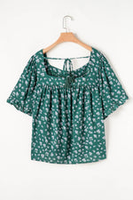 Load image into Gallery viewer, Green Floral Print Square Neck Ruffled Trim Plus Size Blouse - Fashion Queen - 13