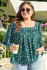 Load image into Gallery viewer, Green Floral Print Square Neck Ruffled Trim Plus Size Blouse - Fashion Queen - 3