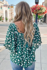 Load image into Gallery viewer, Green Floral Print Square Neck Ruffled Trim Plus Size Blouse - Fashion Queen - 9