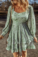 Load image into Gallery viewer, Green Floral Print Square Neck Shirred Waist Tiered Ruffled Mini Dress - Fashion Queen - 1