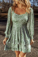 Load image into Gallery viewer, Green Floral Print Square Neck Shirred Waist Tiered Ruffled Mini Dress - Fashion Queen - 4