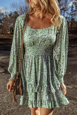 Load image into Gallery viewer, Green Floral Print Square Neck Shirred Waist Tiered Ruffled Mini Dress - Fashion Queen - 5