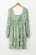 Load image into Gallery viewer, Green Floral Print Square Neck Shirred Waist Tiered Ruffled Mini Dress - Fashion Queen - 6
