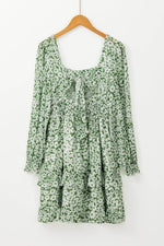 Load image into Gallery viewer, Green Floral Print Square Neck Shirred Waist Tiered Ruffled Mini Dress - Fashion Queen - 7