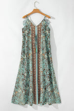 Load image into Gallery viewer, Green Floral Print V Neck Ruffled Trim Backless Tassel Waist Maxi Dress - Fashion Queen - 11