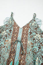 Load image into Gallery viewer, Green Floral Print V Neck Ruffled Trim Backless Tassel Waist Maxi Dress - Fashion Queen - 13