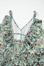 Load image into Gallery viewer, Green Floral Print V Neck Ruffled Trim Backless Tassel Waist Maxi Dress - Fashion Queen - 17