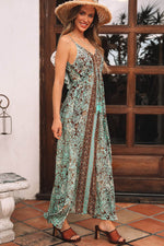 Load image into Gallery viewer, Green Floral Print V Neck Ruffled Trim Backless Tassel Waist Maxi Dress - Fashion Queen - 3
