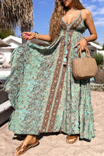 Load image into Gallery viewer, Green Floral Print V Neck Ruffled Trim Backless Tassel Waist Maxi Dress - Fashion Queen - 7