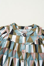 Load image into Gallery viewer, Green Geometric Print Buttoned Balloon Sleeve Loose Fit Shirt - Fashion Queen - 11