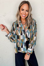 Load image into Gallery viewer, Green Geometric Print Buttoned Balloon Sleeve Loose Fit Shirt - Fashion Queen - 3