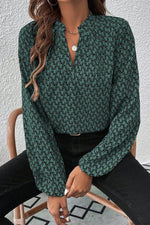 Load image into Gallery viewer, Green Geometric Print Notched Neck Puff Sleeve Blouse - Fashion Queen - 1