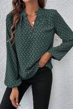 Load image into Gallery viewer, Green Geometric Print Notched Neck Puff Sleeve Blouse - Fashion Queen - 3