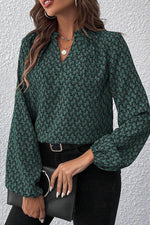 Load image into Gallery viewer, Green Geometric Print Notched Neck Puff Sleeve Blouse - Fashion Queen - 4