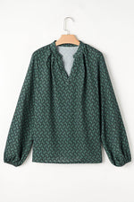 Load image into Gallery viewer, Green Geometric Print Notched Neck Puff Sleeve Blouse - Fashion Queen - 6