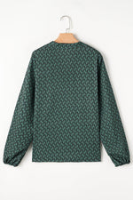 Load image into Gallery viewer, Green Geometric Print Notched Neck Puff Sleeve Blouse - Fashion Queen - 7
