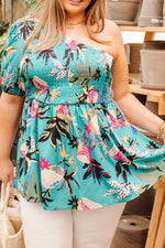 Load image into Gallery viewer, Green Plus Size Floral Smocked Bodice Single Puff Short Sleeve Babydoll Blouse - Fashion Queen - 1