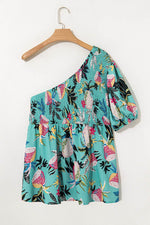 Load image into Gallery viewer, Green Plus Size Floral Smocked Bodice Single Puff Short Sleeve Babydoll Blouse - Fashion Queen - 10