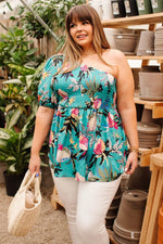 Load image into Gallery viewer, Green Plus Size Floral Smocked Bodice Single Puff Short Sleeve Babydoll Blouse - Fashion Queen - 5