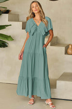 Load image into Gallery viewer, Green Textured V Neck Flutter Sleeve Ruffled Maxi Dress - Fashion Queen - 19