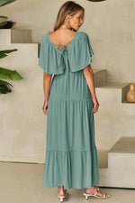 Load image into Gallery viewer, Green Textured V Neck Flutter Sleeve Ruffled Maxi Dress - Fashion Queen - 20